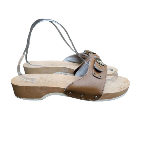 Vintage Dr Scholl’s Wooden Original Exercise Sandals Tan Brown Italy Scholls 9 - Picture 1 of 12